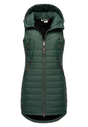 Mouwloze groene doorgestikte lange bodywarmer met voorrits, capuchon met trekkoorden en twee ritssluitingen aan de zijkanten.