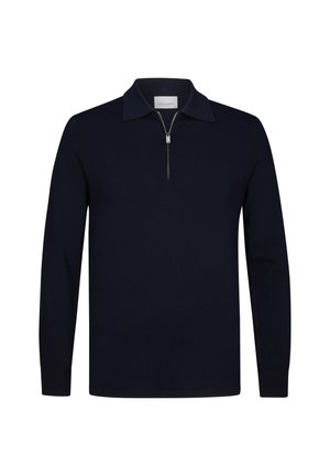 Navy long-sleeve polo shirt with a zip collar, made of soft fabric, featuring a ribbed hem and cuffs, and a straight cut design.