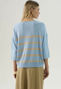 Maglione azzurro chiaro lavorato a maglia con maniche a tre quarti, caratterizzato da strisce orizzontali beige sulla schiena. Tessuto morbido e vestibilità comoda.