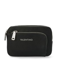 Crni najlon novčanik s dva zatvorena odjeljka, opremljen srebrnim hardverom i logotipom "Valentino" sprijeda.