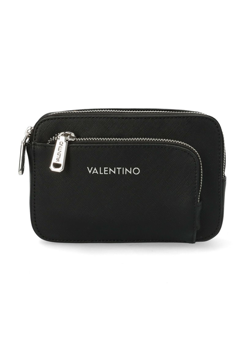 Crni najlon novčanik s dva zatvorena odjeljka, opremljen srebrnim hardverom i logotipom "Valentino" sprijeda.