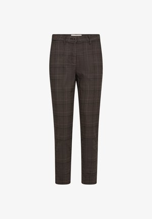 Bruna rutiga byxor med smal passform, med knappstängning och subtil kontrastsömnad. Tillverkade av vävt tyg med struktur.