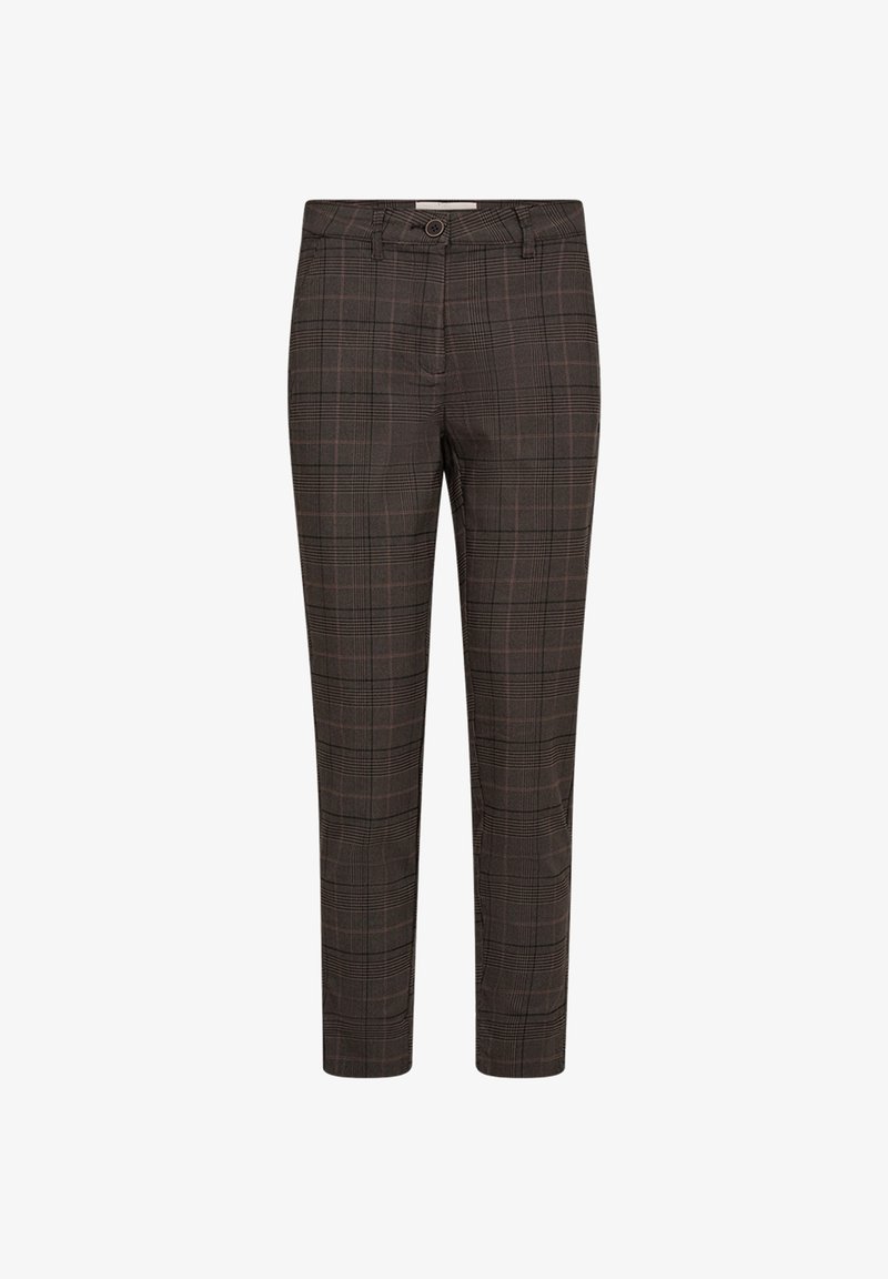 Bruna rutiga byxor med smal passform, med knappstängning och subtil kontrastsömnad. Tillverkade av vävt tyg med struktur.