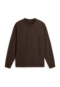 Tummanruskea pitkähihainen pyöreäkauluksinen paita, jossa on pieni Vans-logo-tunnus vasemmalla sivulla hemissä, esitelty valkoista taustaa vasten.