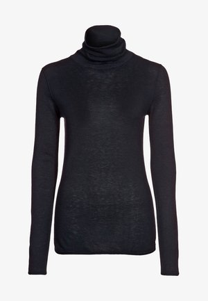 Pull à col roulé noir en tissu doux et léger. Doté de manches longues et d'un col replié ajusté. Qualité texturée et semi-transparente.