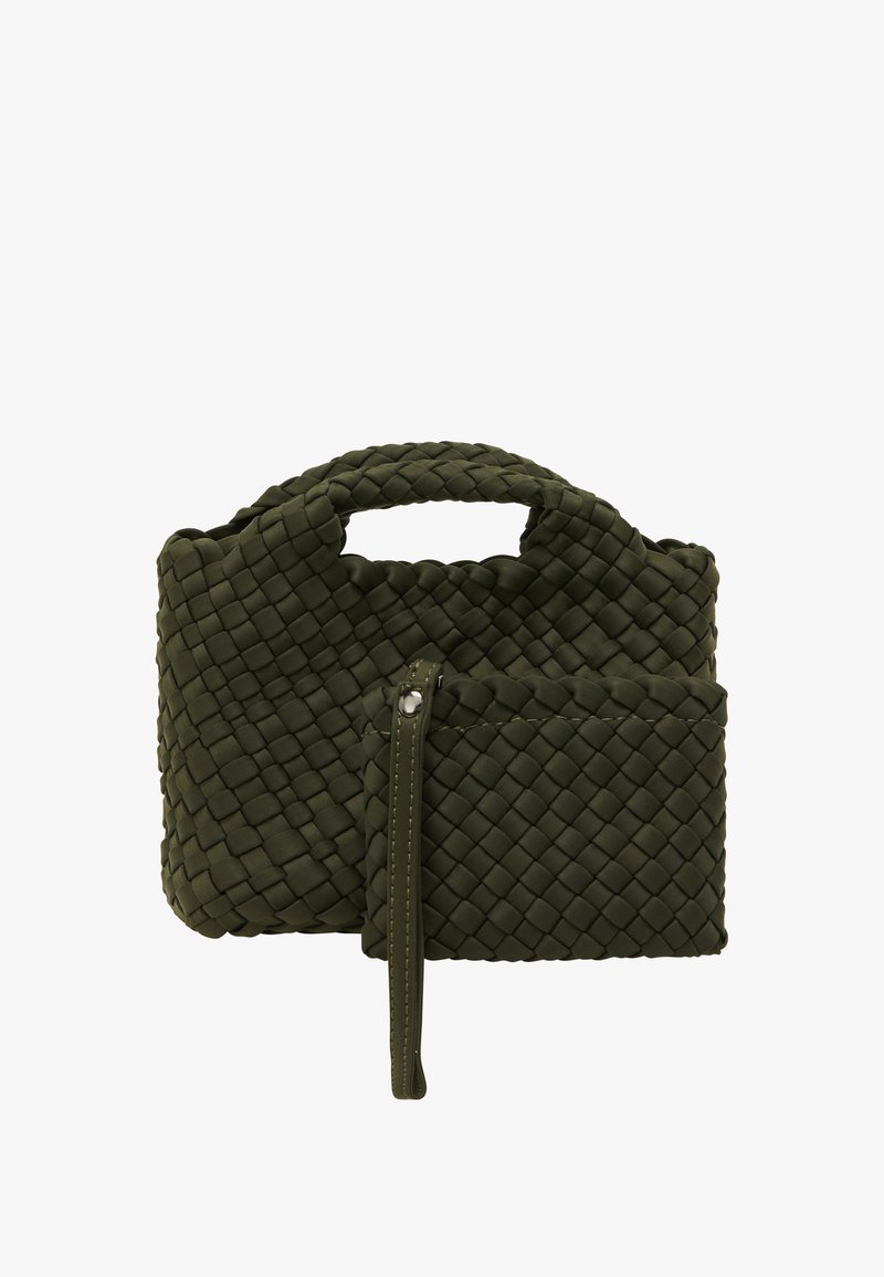 Zöld szőtt kézitáska texturált felülettel, kerek fogantyúval és egy kis leválasztható zipzáras tárcával.