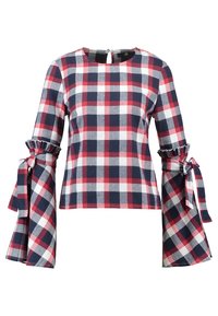 Haut femme à manches longues avec motif à carreaux rouge, bleu marine et blanc, manches évasées et nœuds aux coudes.