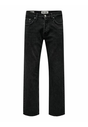 Jeans negri din denim cu un design drept, având un stil clasic cu cinci buzunare și un efect subtil de spălare cu piatră. Eticheta este vizibilă la talie.
