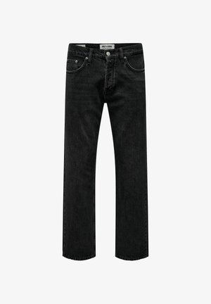 Jeans in denim nero con design a gamba dritta, caratterizzati da una classica vestibilità a cinque tasche e un sottile effetto stonewash. Etichetta visibile in vita.