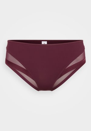 Burgundy-bikinihousut, joissa on läpikuultavat sivupaneelit, sileä rakenne, keskitason malli ja mukava istuvuus.