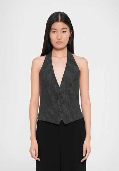 Halter neck vest in dark gray pinstripe fabric, featuring a deep v-neck, five button closure, and two front pockets, tailored fit.
