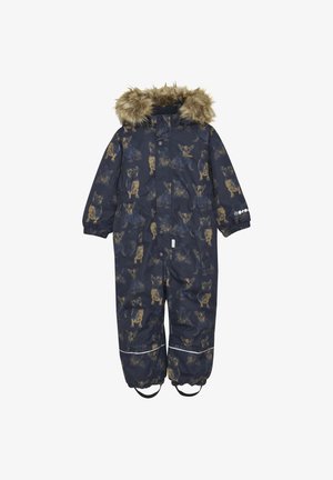 Marineblauwe skipak met een faux fur-b.escapekap, voorzien van een speelse hondenprint, elastische manchetten en reflecterende details op de benen.