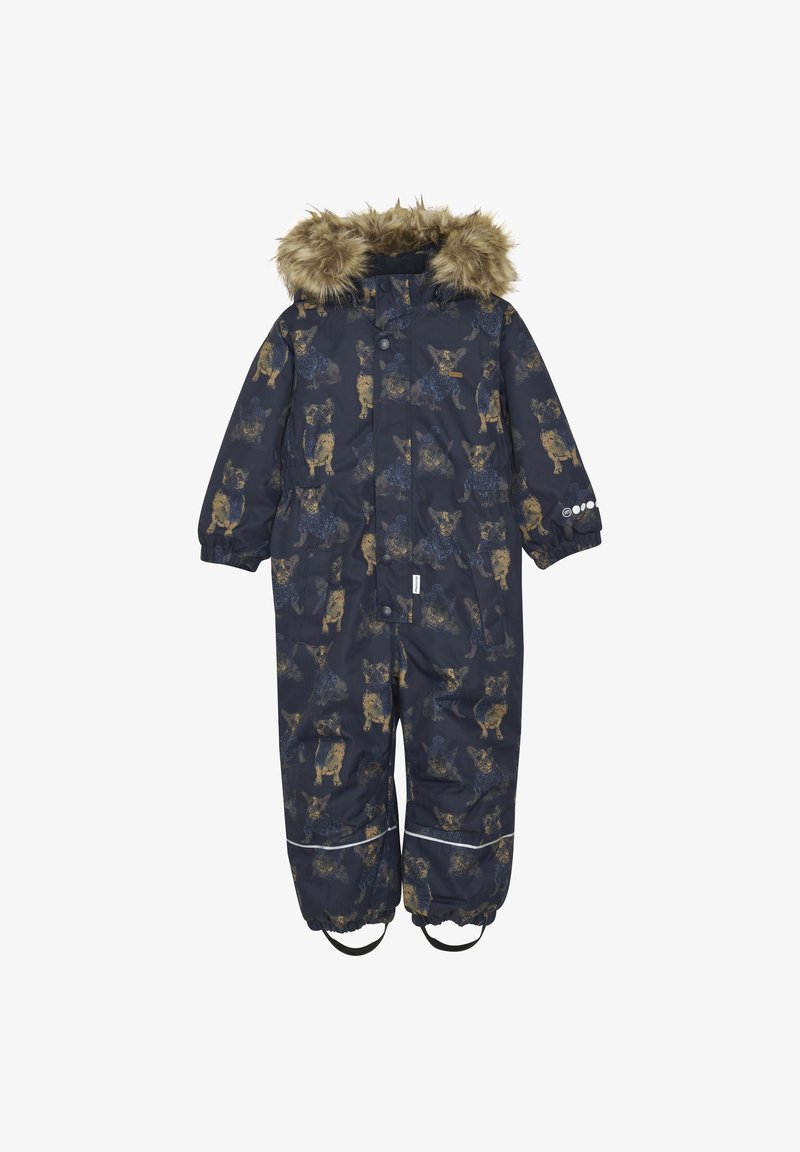 Marineblauer Schneeanzug mit Kapuze aus Kunstfellrand, der ein lustiges Hundemuster aufweist, mit elastischen Bündchen und reflektierenden Details an den Beinen.