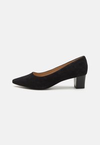 Black suede pump with a pointed toe, mid-block heel, and smooth interior. Features a minimalist design with no additional embellishments.