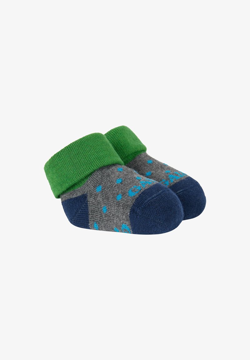 Graue Socken mit grünem Bündchen, ausgestattet mit blauen Punkten und blauer Spitze. Hergestellt aus einem weichen Material, verfügen sie über ein kontrastreiches Design.