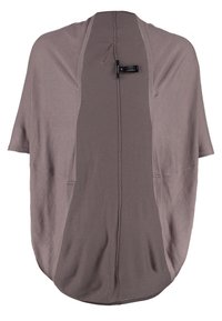 Leichter, taupefarbener Schal mit offenem Vorderteil, kurzen Ärmeln und seitlichen Taschen. Weiche Textur mit glatter Oberfläche und minimalen Nähdetails.