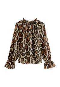 Blůza s leopardím potiskem z lehkého materiálu, která má nařasený výstřih a elastické, volánkové manžety. Hlavními barvami jsou hnědá a krémová.