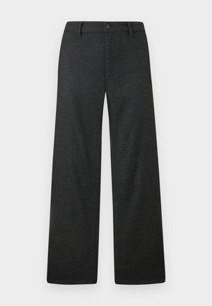 Pantalon droit gris foncé avec passants pour ceinture et fermeture à bouton sur le devant, présenté à plat sur un fond clair.