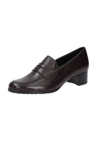 Mocassins en cuir marron foncé avec une finition lisse, un petit talon carré et une bande décorative à l'avant. Semelle en caoutchouc flexible.