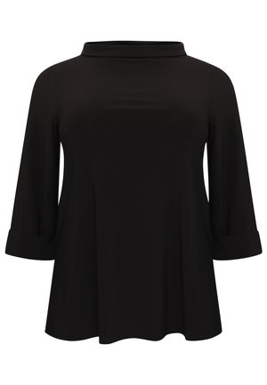 Black long-sleeve top with a round neckline, soft texture, and rolled cuffs. Loose fit, flared design, with no visible patterns or accents.