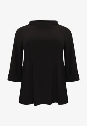 Zwarte langemouwen top met een ronde halslijn, zachte textuur en opgerolde manchetten. Ruime pasvorm, uitlopende design, zonder zichtbare patronen of accenten.