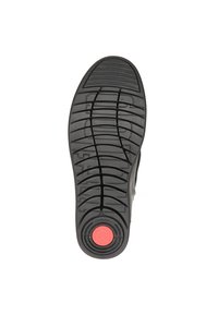 Suela de zapatilla negra con un patrón de textura en la suela. Presenta un prominente acento circular rojo en el talón e incluye varias líneas de agarre.