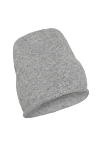 Grå strikket beanie-hatte med en blød tekstur, let rullet kant i bunden og et subtilt meleret mønster over det hele.
