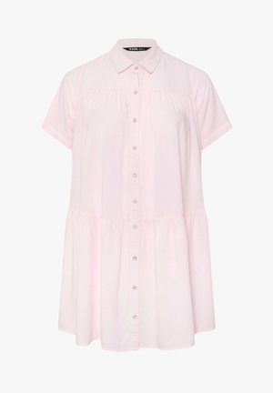 Lichtroze korte mouw blousejurk met knopen, een kraag en geplooide stofdetails bij de borst en taille.