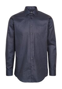 Chemise à manches longues bleu marine avec un fini satiné, ornée d'un motif géométrique de diamants blancs, col boutonné et patte de boutonnage à l'avant.