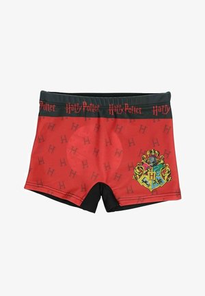 Boxer rouge avec ceinture noire portant le texte "Harry Potter", orné d'un logo "H" répété et d'un détail du blason de Gryffondor.