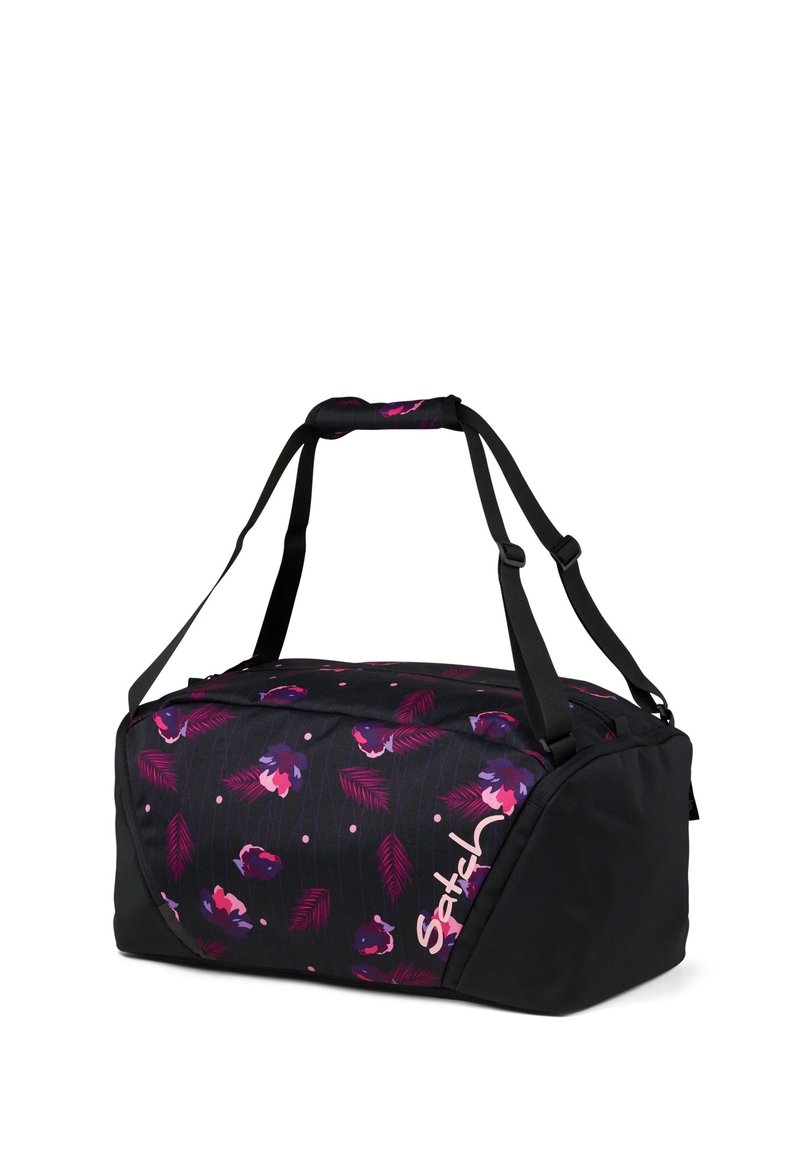 Schwarze Sporttasche mit floralem Muster in Lila und Pink. Verfügt über verstellbare Riemen und eine Reißverschlussöffnung, aus strapazierfähigem Material gefertigt.