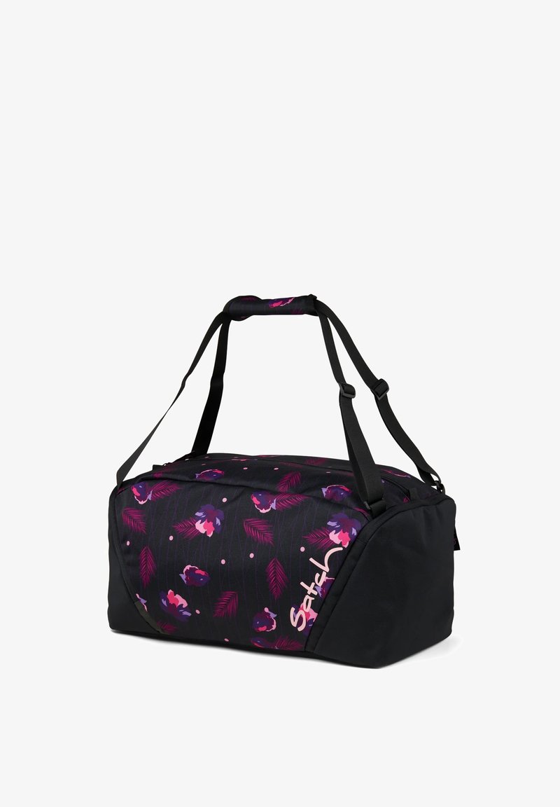 Schwarze Sporttasche mit floralem Muster in Lila und Pink. Verfügt über verstellbare Riemen und eine Reißverschlussöffnung, aus strapazierfähigem Material gefertigt.