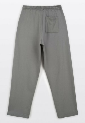 Szare spodnie z elastycznym pasem i jedną tylną kieszenią. Wykonane z miękkiego materiału o gładkiej fakturze, z szerokimi nogawkami i prostym designem.