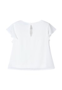 Blusa bianca a maniche corte con maniche arricciate, dettaglio con apertura a chiave sul retro e un tessuto liscio e leggero. Collo rotondo e vestibilità ampia.