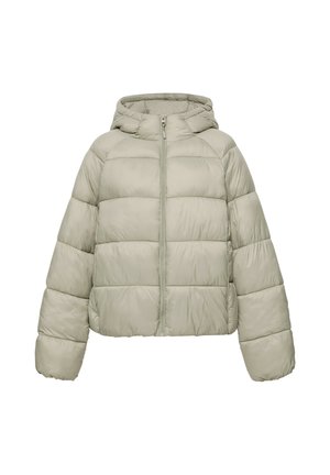 Veste matelassée gris clair avec capuche et fermeture éclair à l'avant, présentée sur fond blanc.