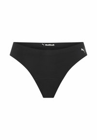 Culotte string noire en tissu lisse, avec une bande logo portant l'inscription "modibodi" et un petit logo Puma sur le côté.