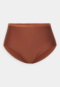 Højtaljet brun trusse lavet af glat stof, med en ensfarvet overflade og et enkelt elastisk taljebånd, samt en sømløs afslutning for komfort.