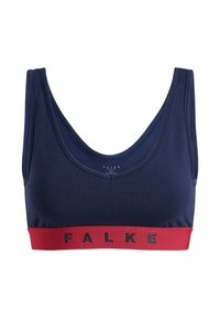 Bra sportivo blu navy in tessuto morbido, con un elastico rosso riportante il logo "FALKE", scollatura a barca e design senza cuciture.