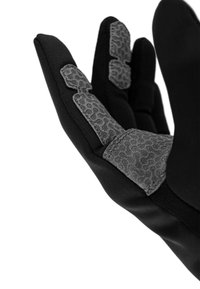 Schwarze Handschuhe mit strukturierten grauen Akzenten an den Fingern und der Handfläche, die ein glattes, elegantes Design und eine enge Passform aufweisen. Ideal für taktile Anwendungen.