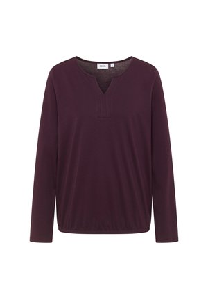 Long-sleeve, round-neck top in deep purple fabric, featuring a slight gathering at the bottom and a subtle stitched detail at the neckline.