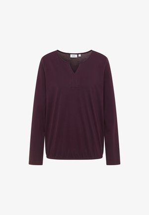 Langärmliges, rundhalsiges Oberteil aus tiefpurpurfarbenem Stoff, mit einer leichten Raffung am Saum und einem dezenten gestickten Detail am Ausschnitt.