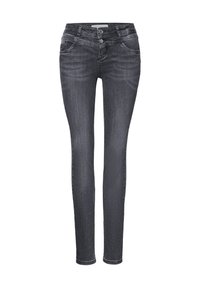 Jeans skinny en denim gris foncé avec une texture lisse. Comprend des poches avant et une fermeture à bouton, conçus pour une silhouette ajustée.