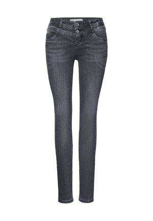 Skinny jeans in dark gray denim with a smooth texture. Features front pockets and a button fly, designed for a fitted silhouette.