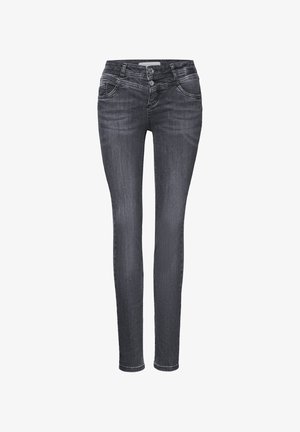 Slanke jeans i mørkegrå denim med en glat tekstur. Har frontlommer og en knaplukning, designet til en tætsiddende silhuet.