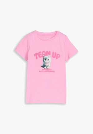 Roosa laste T-särk, millel on armas kassiillustratsioon ning üleval tekst "TEAM UP" ja allpool "TOGETHER WE MEOW-TIVATE!".