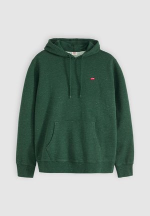 Hanorac verde cu buzunar frontal, având glugă cu șnur și un mic logo Levi's roșu pe piept. Fabricați dintr-un material texturat cu un model stropit.