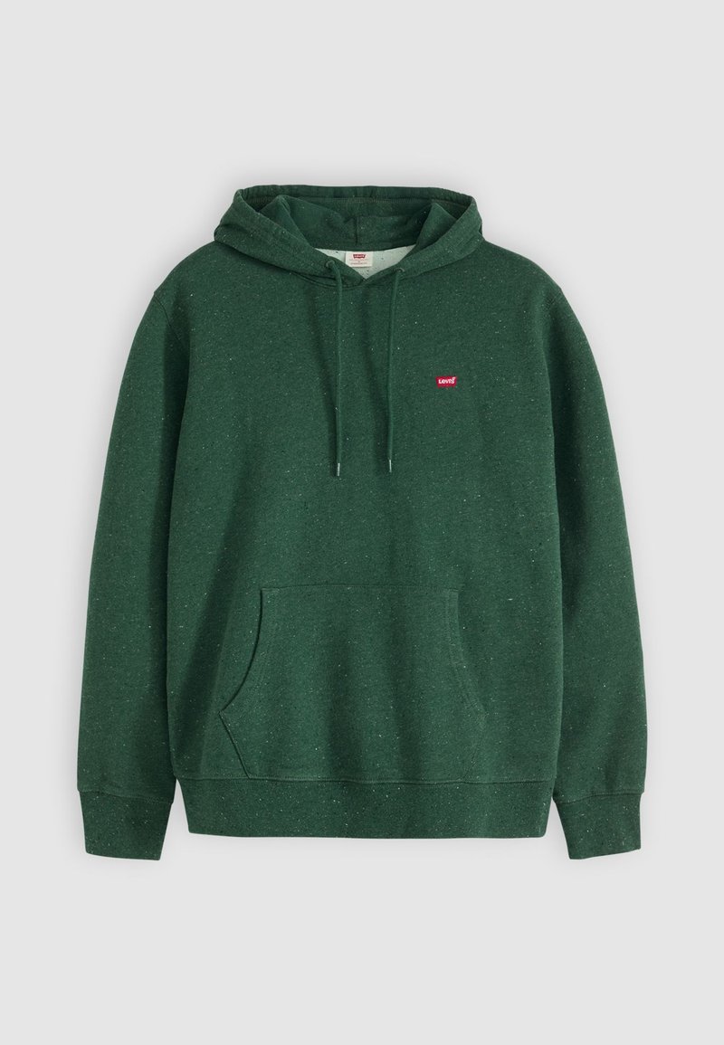 Grüne Kapuzenjacke mit einer Fronttasche, ausgestattet mit einer Kordelzugkapuze und kleinem roten Levi's-Logo auf der Brust. Hergestellt aus strukturiertem Stoff mit einem gesprenkelten Muster.
