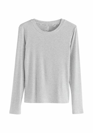 Maglietta a maniche lunghe grigia chiara con collo a girocollo, design semplice, top casual da donna, etichetta all'interno del collo reca la scritta "NEXT time to dream."