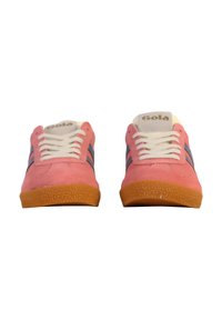 Pink suede sneakers with white laces and two blue side stripes. Rubber gum sole with textured pattern, featuring a Gola logo on the tongue.