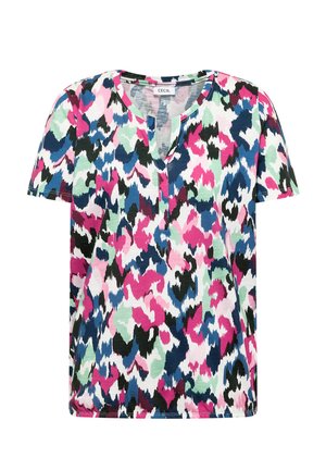 Kortærmet damebluse med abstrakt multifarvet mønster i pink, blå, grøn, sort og hvid samt en lille V-formet slids ved kraven.